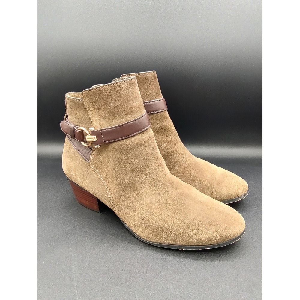 Coach Paulina Olive Green Suede Ankle Boots Leather Trim Gold Hardware Size 8B